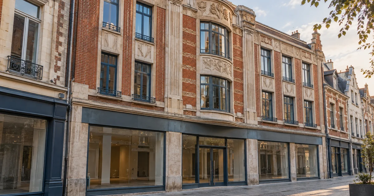 Art Deco facade in Arras, geometric motifs and a basket of flowers in bas-relief