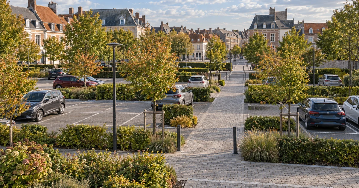 Parking in Arras, a parking sign and spaces in the town centre near the ramparts