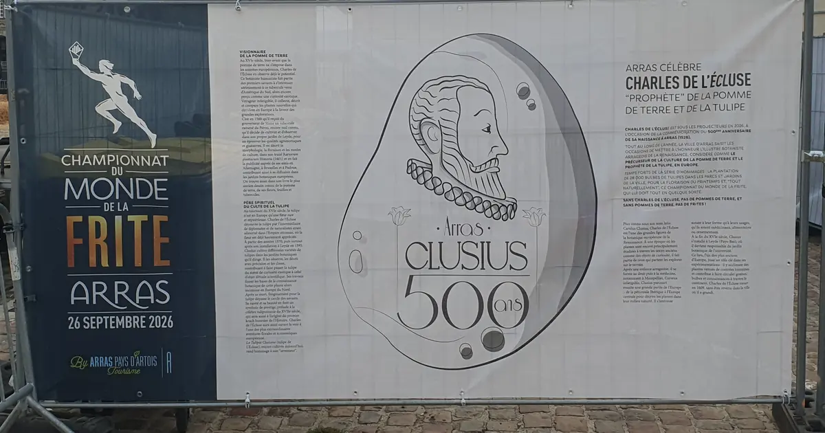 Banner of the 2026 World Fry Championship in Arras and tribute to Charles de l'Écluse for his 500 years