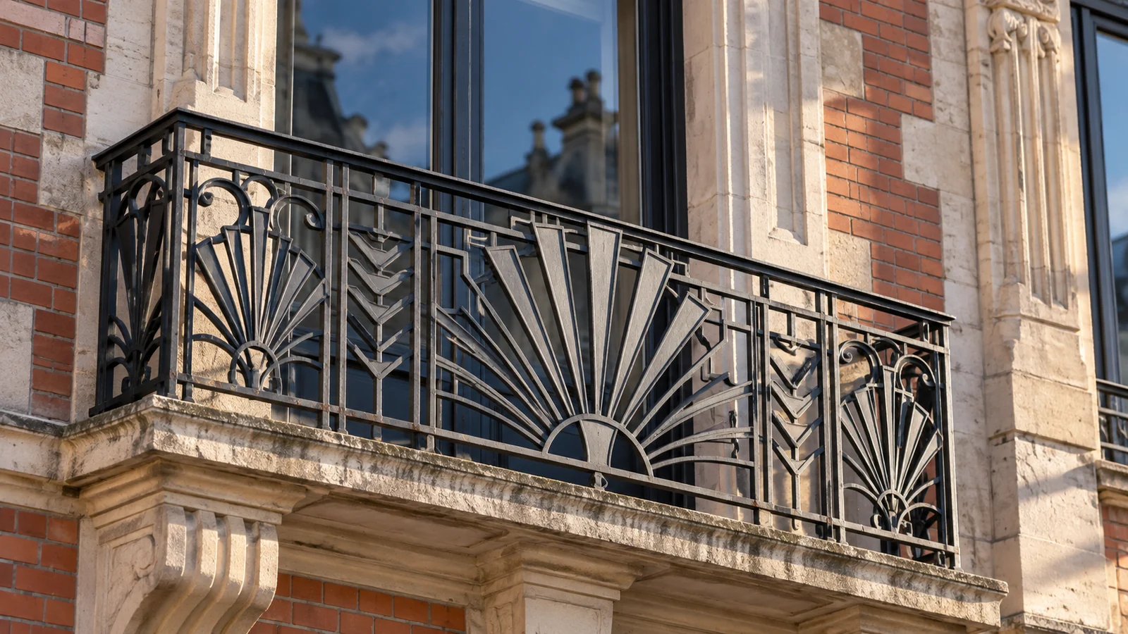 Art Deco facade in Arras, geometric motifs and a basket of flowers in bas-relief