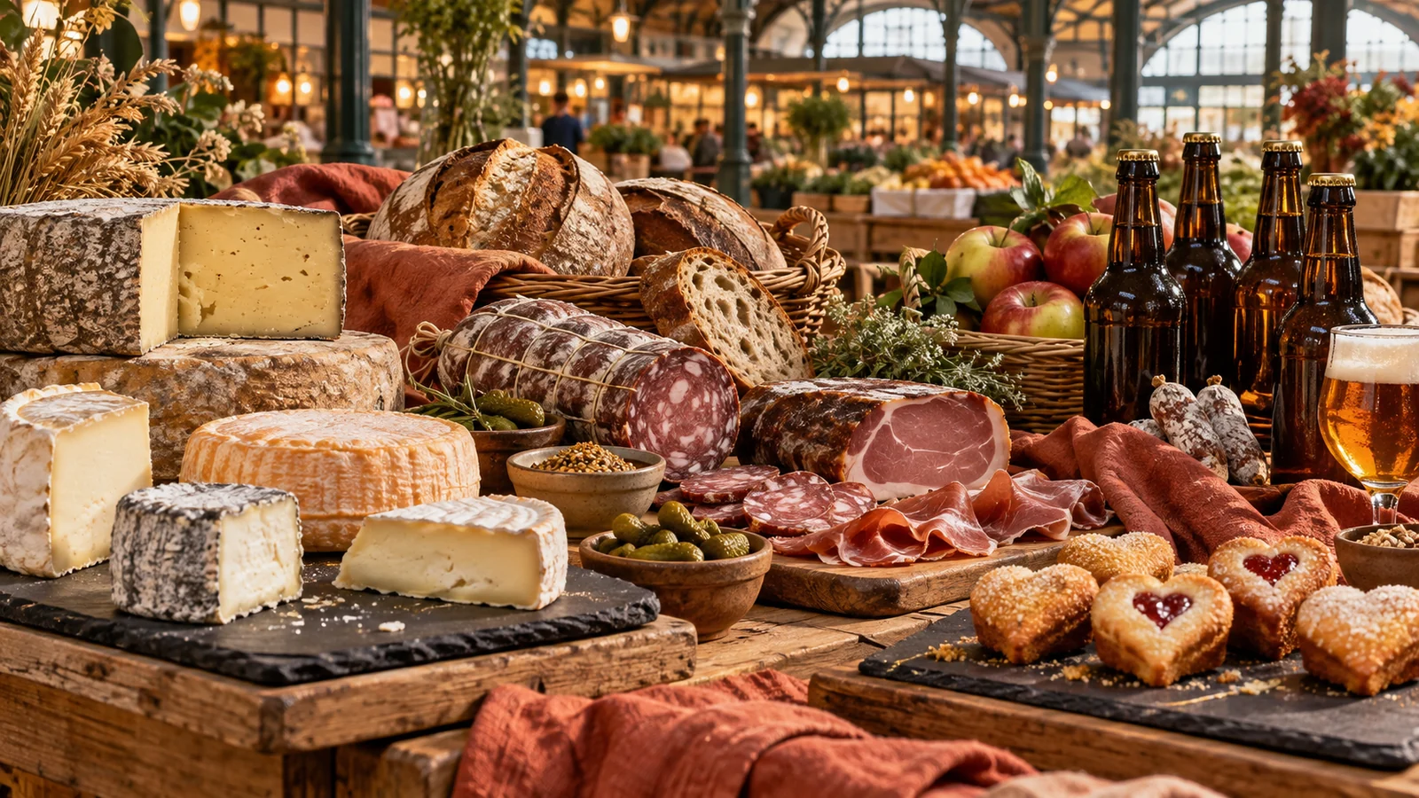 Food specialities of Arras, andouillette, hearts and chocolate rats on a stall