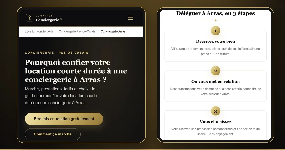 Screenshots of the Arras concierge page on locationconciergerie.fr: the guide’s opening and the three-step matching process