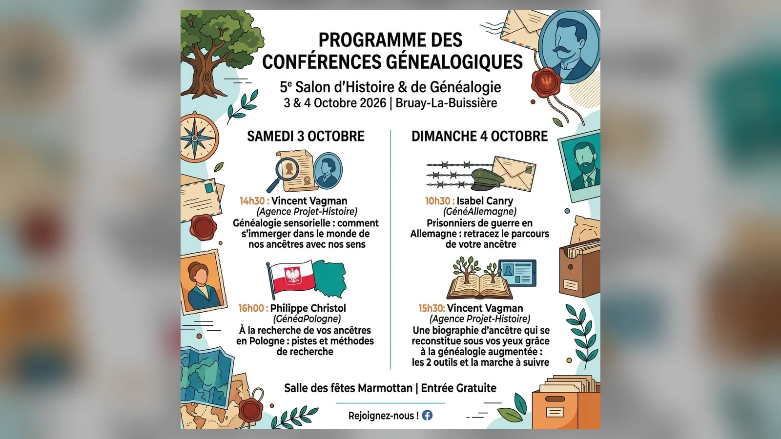 Poster of the lecture programme of the 5th History and Genealogy Fair of Bruay-La-Buissiere, 3 and 4 October 2026