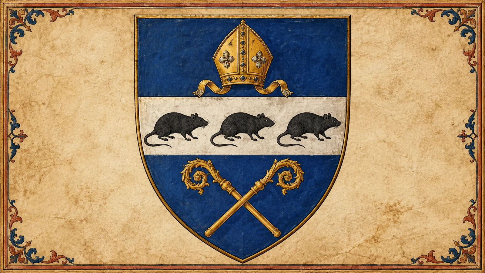 The coat of arms of Arras, the golden lion, the escutcheon of Artois and the rats of tradition